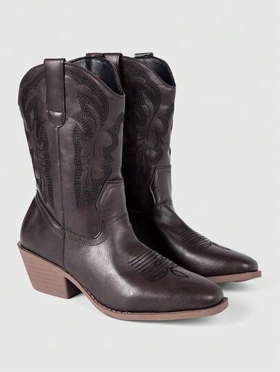 ROMWE Fairycore Giày bốt nữ màu trắng kiểu miền Tây, bốt da mũi nhọn gót dày cổ chữ V, bốt cao đến đầu gối thêu họa tiết gót thấp và bốt cổ ngắn.