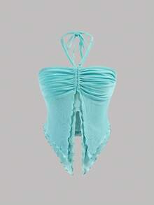 SHEIN 少女时尚休闲针织露背上衣和迷你裙套装 - 藍色 - 查看 4