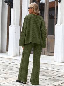 EURMUSE Women's Solid Color Cable Long Sleeve Top And Pants Sweater Set - Army Green - View 2