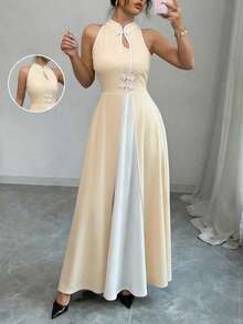 Rafferiza 优雅黑色旗袍领无袖镂空翻领纽扣开衩下摆黑白撞色长款连衣裙，春夏款 - 杏色 - 查看 1