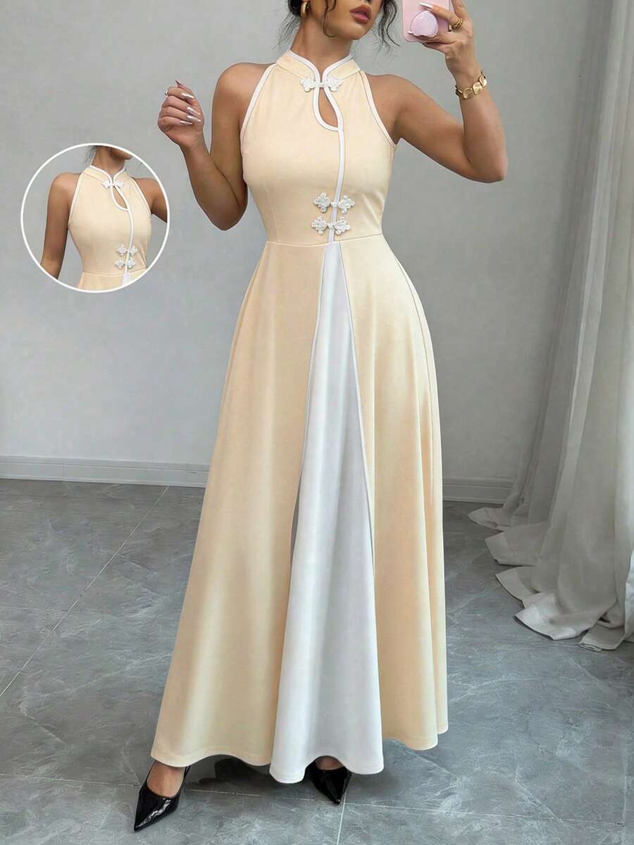 Rafferiza 优雅黑色旗袍领无袖镂空翻领纽扣开衩下摆黑白撞色长款连衣裙，春夏款 - 杏色 - 查看 1