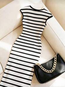 SHEIN Franclia 女士优雅修身条纹方领显瘦撞色通勤办公连衣裙，春夏款，紧身，开衩，弹力 - 黑與白 - 查看 2