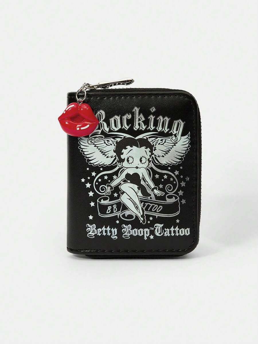 Betty Boop x SHEIN 1815557 1 Piece, Star Wing Lip Design Minimalist Style Zipper Coin Wallet, Suitable For Women - Black 2 - View 1