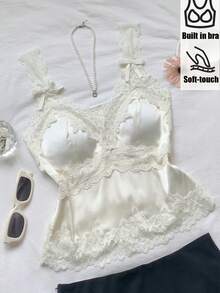 Comfortcana 女士优雅蕾丝拼接蝴蝶结装饰吊带背心，夏季 - 杏色 - 查看 7