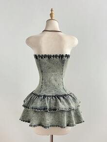 Elamini Women's Summer Washed Front Button Ruffle Hem Tube Top Denim Dress - Dark Wash - View 2