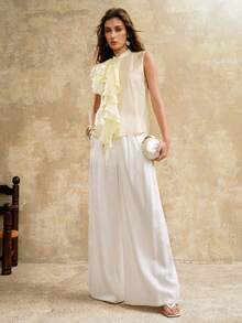 Arave Women's Woven Tencel Fabric Mandarin Collar Sleeveless Ruffle Trim Casual Top - Yellow - View 3