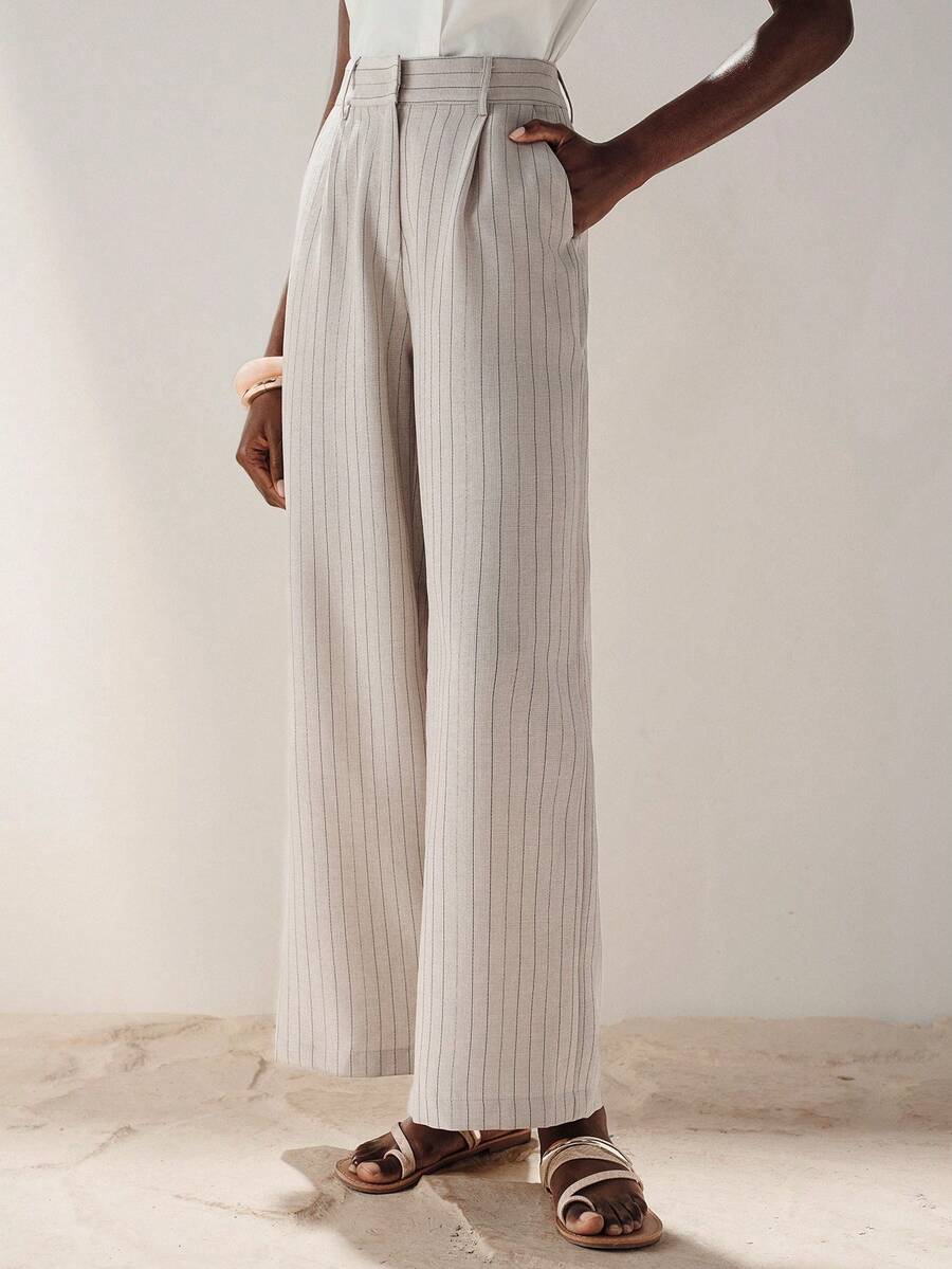 Aveloria Modichic Calças de Kendo Hakama com design listrado e múltiplas pregas, pernas largas e modelagem evasê. - Multicolorido - Ver 1