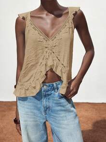 SHEIN Maija Áo tank top nữ dáng rộng, màu trơn, phối ren xếp nếp. - Màu Khaki - Xem 1