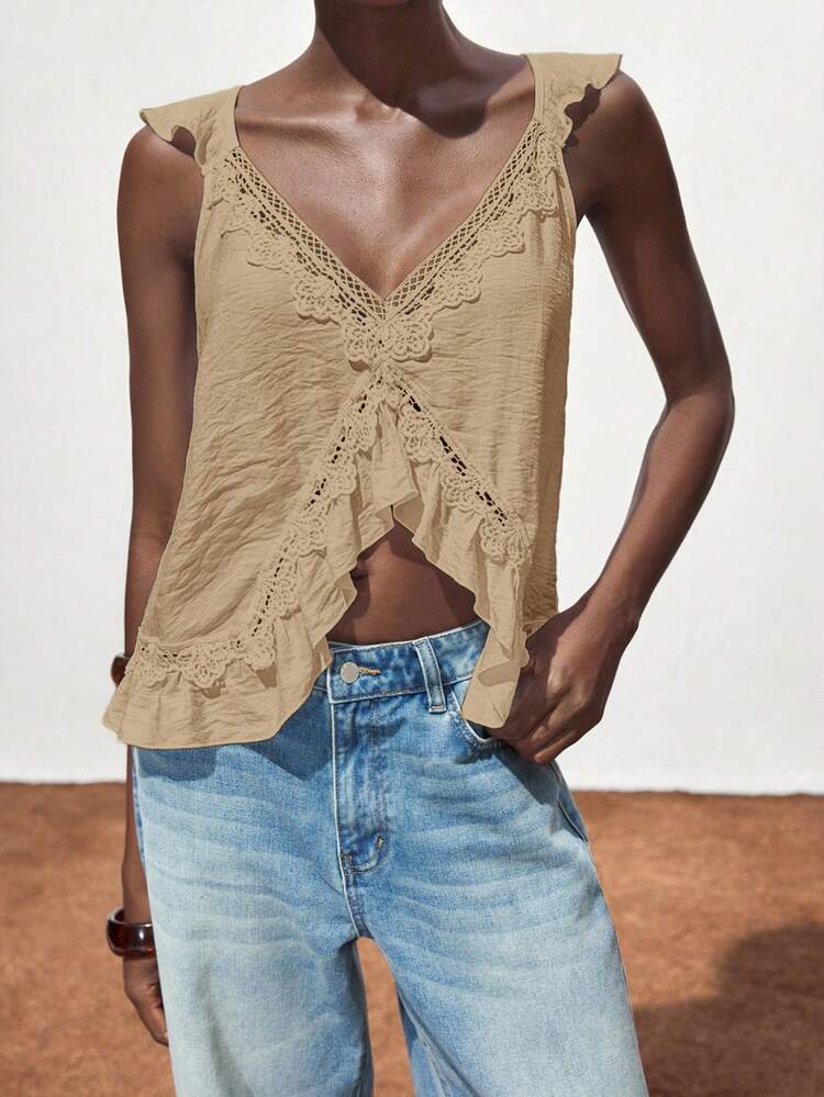 SHEIN Maija Canotta ampia da donna con orlo a volant in pizzo a contrasto di colore