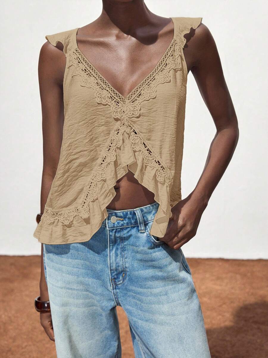 SHEIN Maija Áo tank top nữ dáng rộng, màu trơn, phối ren xếp nếp. - Màu Khaki - Xem 1
