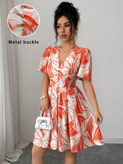 Elenzga 女士春夏法式优雅奢华简约设计休闲波西米亚风度假/通勤舒适印花V领弹力腰荷叶边下摆花瓣袖短款连衣裙女士夏季连衣裙裹身裙高品质连衣裙女士休闲连衣裙夏季套装