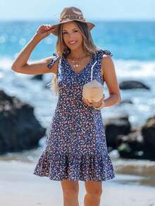 Sylviya 女士休闲碎花V领系带短裙，夏季连衣裙，度假连衣裙，女士休闲夏季连衣裙，女士夏季度假装，女士度假连衣裙，无袖荷叶边连衣裙，碎花短裙 - 寶藍色 - 查看 4