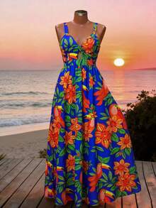 Lunelith SHEIN Lunessa Women's Tropical Plant Pattern Vacation Casual Hollow Out Design Dress Caribbean Dresses Tropical Vacation Outfits For Women Hawaiian Dress For Women Party Caribbean Outfits For Women Women S Beach Outfits - Multicolor - View 5