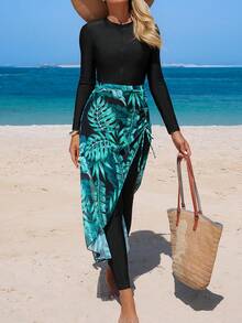 Swim Mulvari Bộ bikini 2 món in họa tiết hoa nhiệt đới dành cho nữ, kèm chân váy dây rút, trang phục đi biển kín đáo, thích hợp cho người trưởng thành, mùa xuân/hè. - màu đen - Xem 6