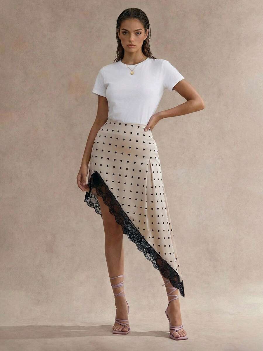 SHEIN Glamour 女士不对称下摆蕾丝拼接休闲百搭约会之夜半身裙 - 米色 - 查看 1