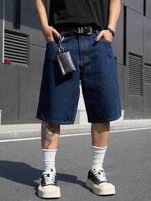Manfinity EMRG Men's Casual Street Style Embroidered Blue Wide Leg Denim Shorts - Dark Wash - View 3