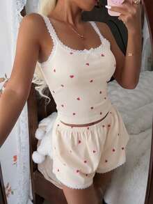 ZzzCrew Women's Pink Heart & Ribbed Lace Silk Camisole Shorts Pajama Set - Apricot - View 7