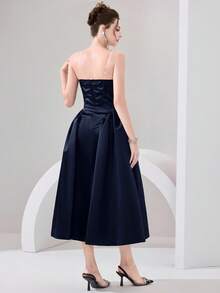 Poshira Women's Rhinestone Decorated Glamorous Strapless Formal Gown (Heavy Embellishment) - Navy Blue - View 2