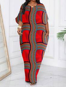 SHEIN Lady 春夏休闲优雅波西米亚风红色编织缺口直筒蝙蝠袖长款卡夫坦连衣裙，中长款短袖大码连衣裙 - 紅色 - 查看 6