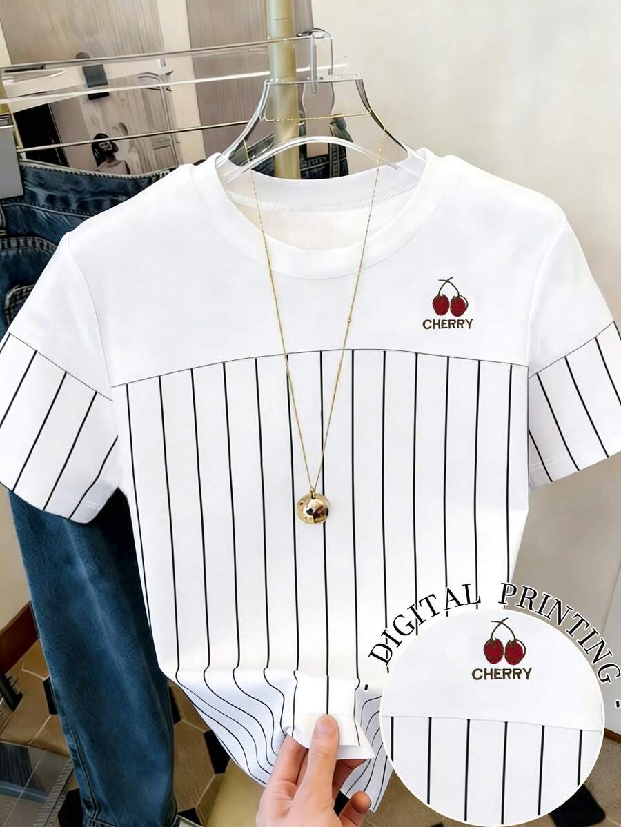 Resyla Áo thun nữ cổ tròn in hình quả anh đào bán chạy nhất, phối sọc kỹ thuật số, kiểu dáng thời trang thường ngày, phù hợp cho cả mặc hàng ngày và dự tiệc. - trắng - Xem 1