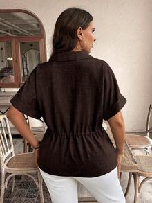 Weeklong Zanzea Women's Plus Size Brown Summer Smart Casual Blouse,Drawstring Waist Button Up Shirt,Elegant Vintage Textured Fabric Tops For Vacation,Party - Brown - View 2
