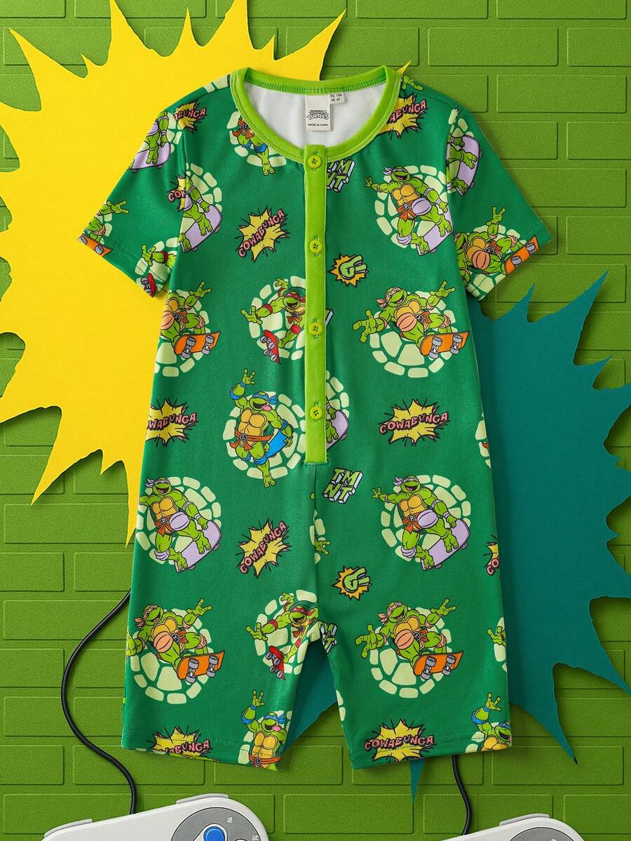 TEENAGE MUTANT NINJA TURTLES | SHEIN MUTANT TURTLES Young Boy Crew Neck Short Sleeve Cute Print Tight Fit Loungewear - Green - View 1