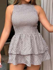 Maria Perezxox Blue Plaid Sleeveless Bodycon Mini Dress, Sweet French Style For Vacation, Spring/Summer - Multicolor - View 6