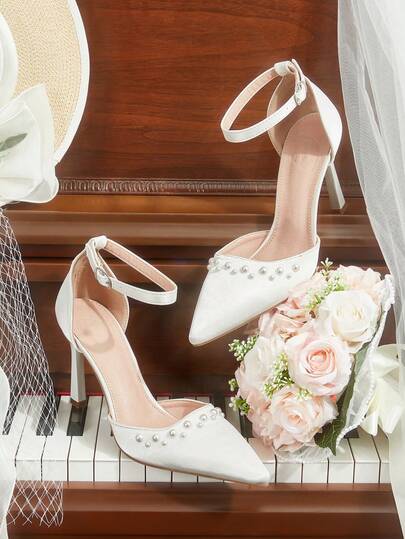 CUCCOO HITCHD 女鞋 户外尖头细跟缎面珍珠装饰 时尚简约舒适 日常派对婚礼宴会搭扣镂空纯色鞋