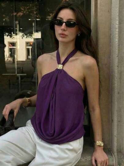 Aloruh Top halter sin espalda de unicolor y sexy para mujer, verano