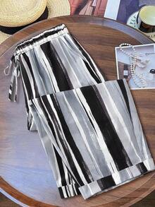 Linhara Plus Size Women Vintage Striped Print Wide Leg Pants, Relaxed Fit Lightweight Spring/Summer Trousers - Multicolor - View 1