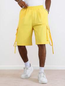 TOKVUE Men's Solid Color Elastic Waist Slant Pocket Casual Loose Shorts - Yellow - View 4