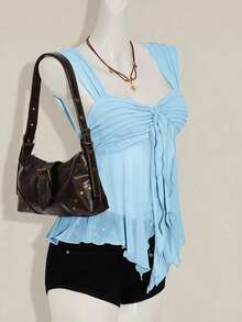 SHEIN ICON Áo hai dây xếp ly viền lưới bất đối xứng dành cho nữ - Màu xanh nhạt - Xem 6