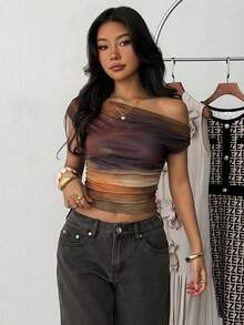 Áo thun nữ tuổi teen màu đen, họa tiết hoa hồng, tay ngắn lệch vai, chun co giãn, eo nhún, thích hợp cho kỳ nghỉ xuân hè, mặc thường ngày. - màu đen - Xem 4