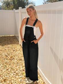 Sydney Algeri Celana Bib Denim Longgar Wanita - Hitam - View 6