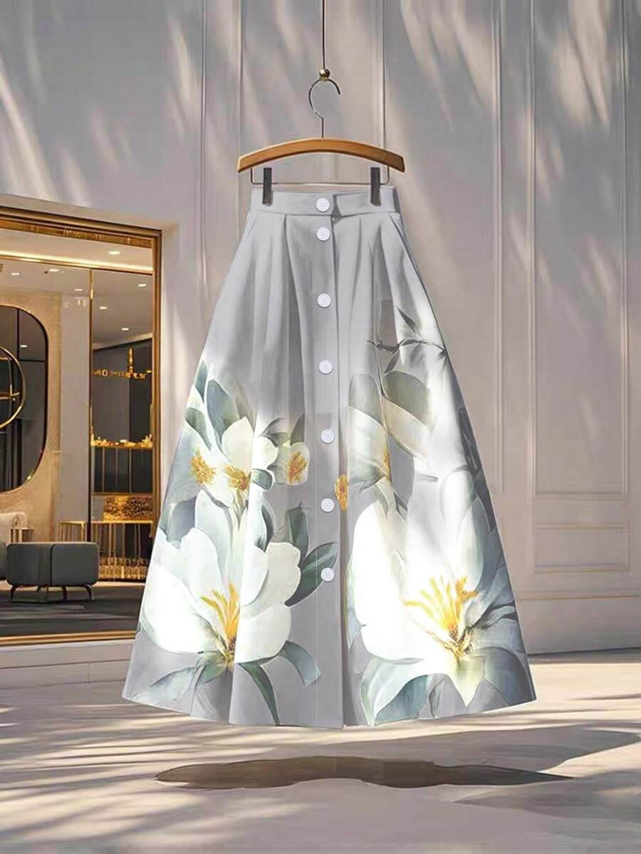 GlowEve Chân váy in hoa thanh lịch dành cho nữ - Xám - Xem 1