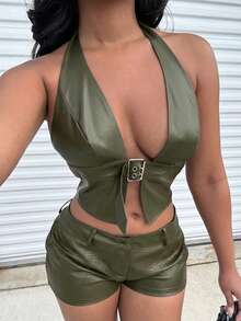 Alexandranx 女士纯色露背修身PU皮上衣，休闲假日款 - 軍綠色 - 查看 6