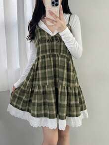 FRIFUL Women's Plaid Strap Patchwork Embroidered Cotton Fabric Front Bow Decor Casual Loose Versatile Tank Top, Autumn/Winter Summer - Green - View 3