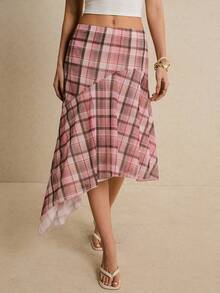 Poéselle 女士时尚休闲通勤度假风印花不对称下摆半身裙 - 珊瑚粉 - 查看 3