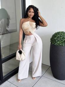 Alexandranx 流蘇領口婚禮季優雅女士背心上衣 - 卡其色 - 查看 1