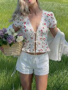 CovetEZ Women's Summer Casual Cherry Print Shirt With Ruffle Hem - White - View 3