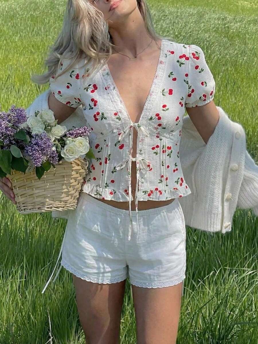 CovetEZ Women's Summer Casual Cherry Print Shirt With Ruffle Hem - White - View 1