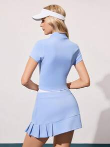 CourtClass Women's Golf Outfit Set, New Ruffled Collar Short Sleeve Top And Ruffled Skirt Anti-Exposure Golf Set - Blue - View 2