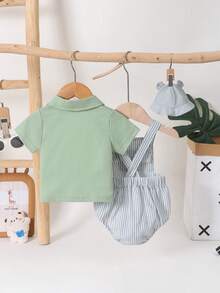SHEIN 3pcs/Set Newborn Baby Boys' Light Green Summer Cute Family Matching Knitted Contrast Collar Shirt Bear Embroidered Striped Overall&Buttoned Hat - Green - View 2