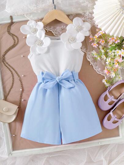 Elladie kids Mono de cintura con camisola floral para niñas (pequeño), cinturón floral dulce y cómodo, conjunto casual de verano para niñas