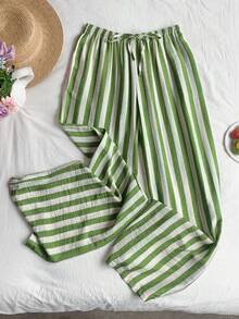 SHEIN EZwear 军绿色加大码女式条纹抽绳腰宽松裤 - 軍綠色 - 查看 5
