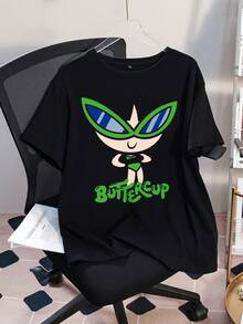 THE POWERPUFF GIRLS X SHEIN 大码休闲卡通印花短袖T恤，夏季 - 黑色 - 查看 3