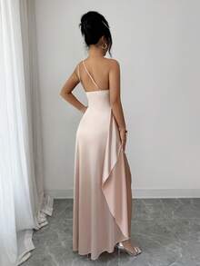 Selianne Vestido de noche largo y sexy para mujer con un hombro, cintura fruncida y abertura alta, de satén de lujo, nuevo para el verano de 2026 - Champán - Ver 2