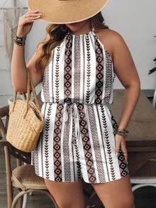 Mono casual de mujer talla grande con estampado de rayas y cuello halter - Multicolor - Ver 4