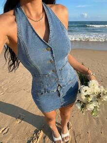 Sunnyshic Women's Casual Vacation Button-Up Denim Shirt And Denim Skirt Set - Blue - View 5