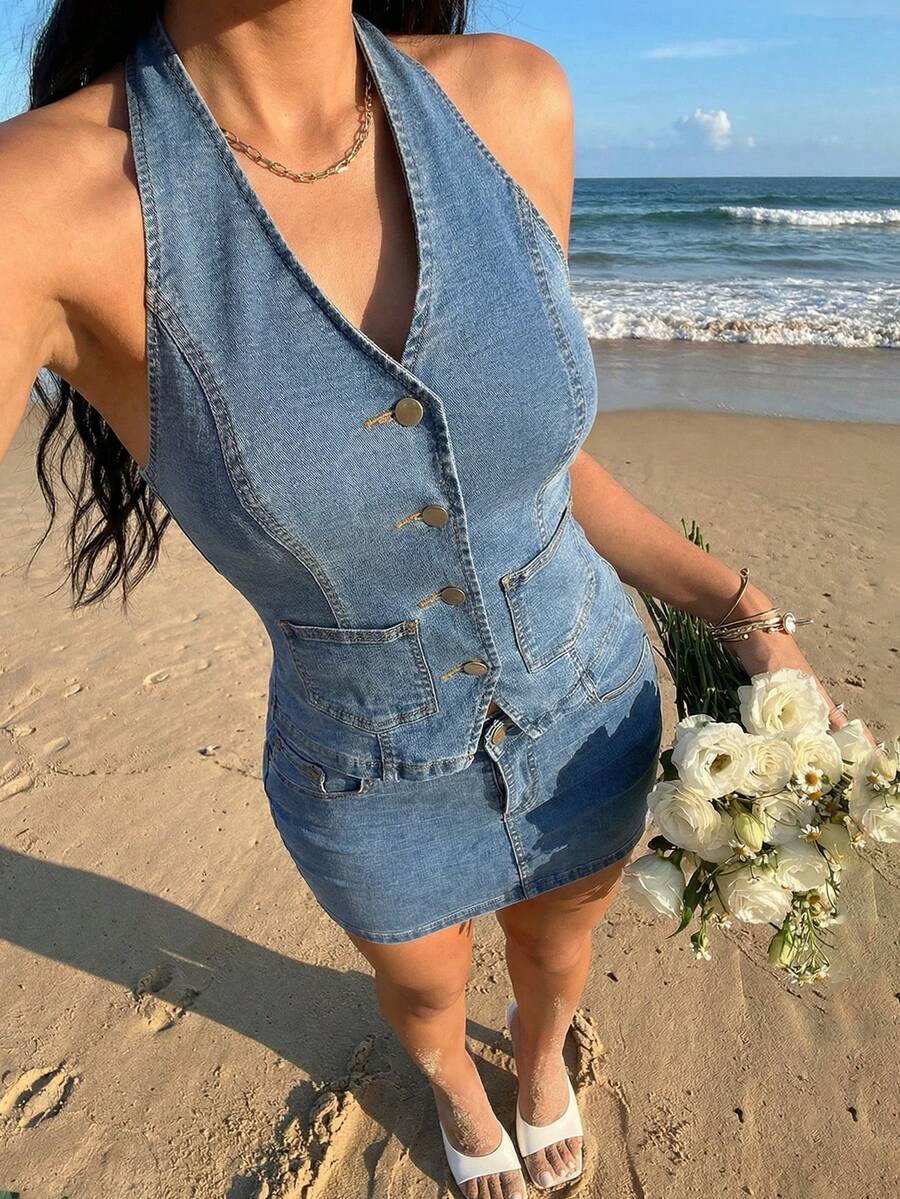 Sunnyshic 女士休闲度假纽扣牛仔衬衫和牛仔裙套装 - 藍色 - 查看 1